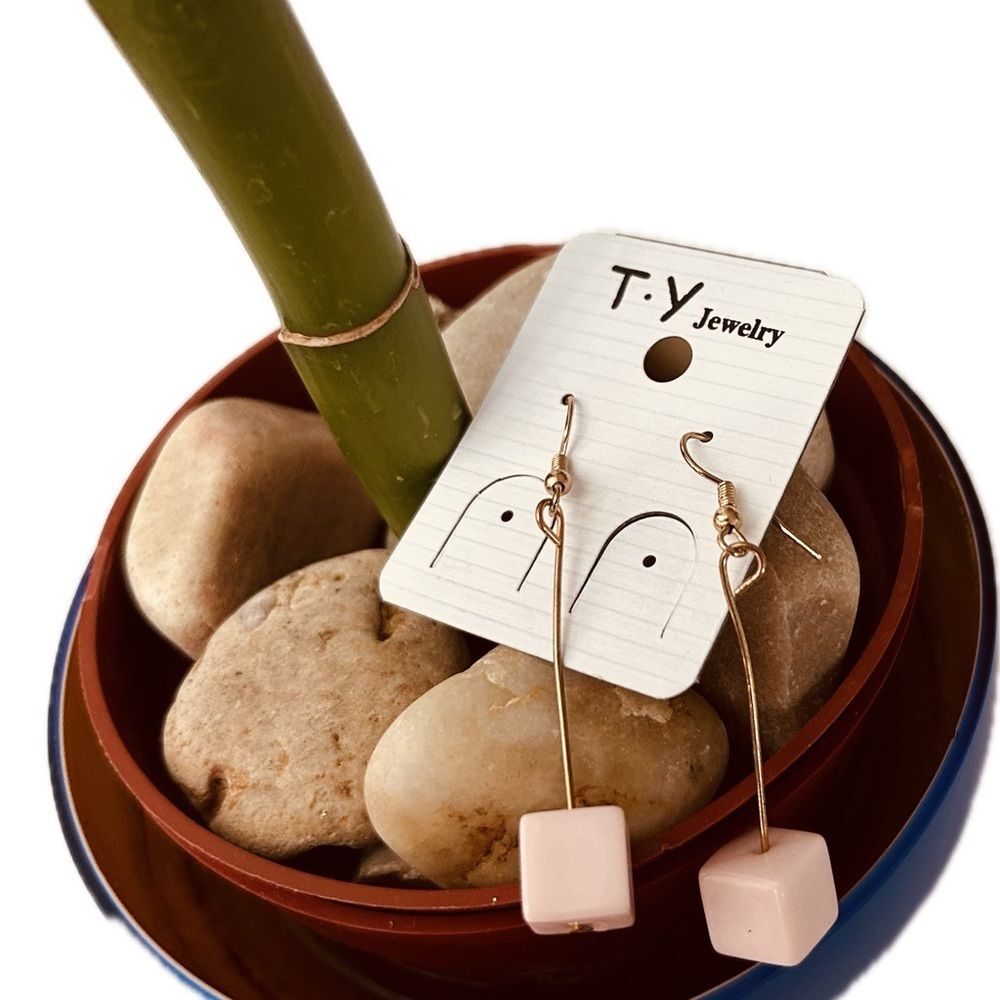 Elegant Goldplated Pink Minimalist Cube Drop Dangle TY Korean Fashion Earrings